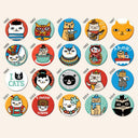 Collection of colorful cat-themed buttons with various designs and corresponding numbers on a beige background.