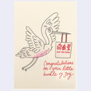 Drawing of a crane holding a takeout bag from Din Tai Fung with text "congratulations on your little bundle of joy"