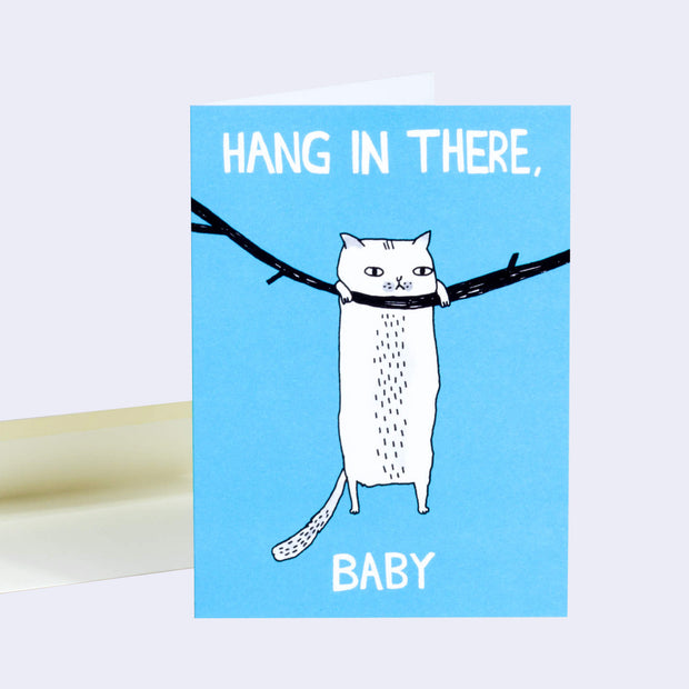 Card with a cat illustration and text 'Hang in there, baby' on a blue background