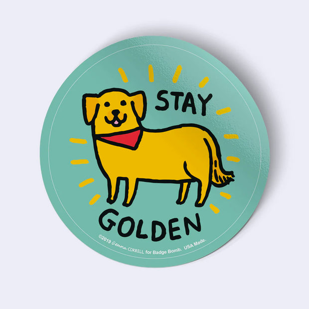 Round sticker with a yellow dog illustration and text 'Stay Golden' on a light blue background