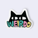 Sticker with a black cat face and colorful 'WEIRD' text on a light gray background