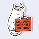 Sticker of a cat holding a sign with text on a light gray background