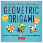 Cover for "Geometric Origami" featuring 3 different shapes of origami designs, folded out of multicolor paper. 