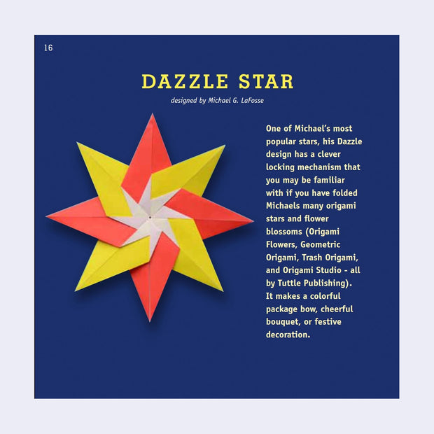 Page excerpt from "Geometric Origami" featuring a photo of a folded origami star with a description of the design.