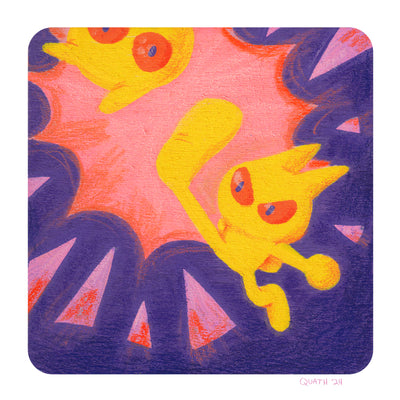 Illustration of a yellow cat with angry red eyes kicking another cat dramatically out of the scene, with a pink burst.