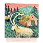 Painting of a white ram with large, rounded horns. It stands in a grassy field in front of a pink barn in a mountain forest setting. Sky is pink with light pink polka dots.