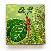 Painting of a carrot made to look like a butterfly, with insect legs and lettuce leaves as wings. It's positioned on blades of grass with flowers growing.