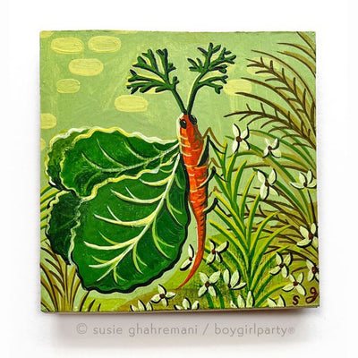 Painting of a carrot made to look like a butterfly, with insect legs and lettuce leaves as wings. It's positioned on blades of grass with flowers growing.
