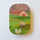 Painting on a wooden panel with rounded edges of 2 fluffy chickens on a farm with rolling green hills and a pink barn house.
