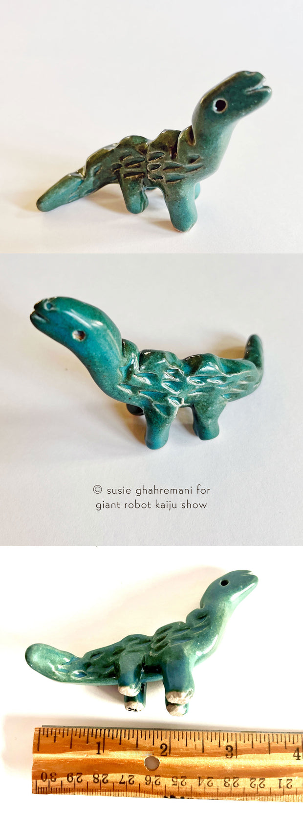 Small ceramic sculpture of a bluish green dinosaur with a long neck and textured ridges on its back.