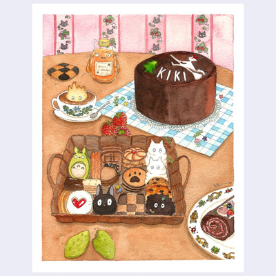 Watercolor illustration of a table with lots of baked goods, cafe items and decorated plating. A woven basket holds a large variety of cookies, with a swiss roll and chocolate cake in the background. All items are decorated with Studio Ghibli theming. 