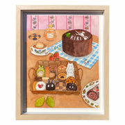 Watercolor illustration of a table with lots of baked goods, cafe items and decorated plating. A woven basket holds a large variety of cookies, with a swiss roll and chocolate cake in the background. All items are decorated with Studio Ghibli theming.
