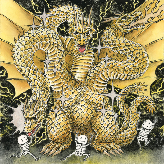 Ink and watercolor illustration of golden Ghidorah, a large 3 headed dragon monster in front of a lightning storm. 3 cartoon skeletons interact in comical ways below.