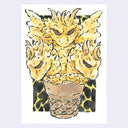 Ink and watercolor illustration of sugar cone with a 3 headed dragon monster (King Ghidorah) as slightly formed scoops of vanilla ice cream. Background is a black and yellow lightning pattern.