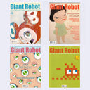 Four covers of 'Giant Robot' magazine with various robot and character illustrations on a light blue background.
