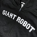 Black zip up hooded jacket with "Giant Robot" written in retro style embroidered font on the front.