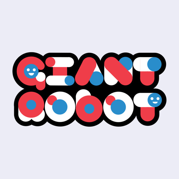 Colorful logo with red, blue, and white elements on a light purple background