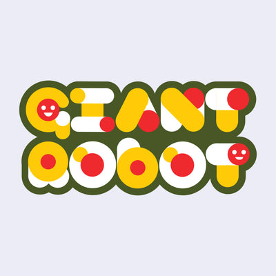 Colorful text with robot-themed graphics on a light gray background