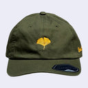 Olive green cap with a yellow-orange ginkgo leaf in the middle. "Giant Robot" is written in cursive along the side of the cap.