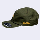 Olive green cap with a yellow-orange ginkgo leaf in the middle. "Giant Robot" is written in cursive along the side of the cap.