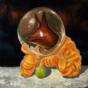 Illustration of a stylized dog in an astronaut suit playing with a tennis ball, with a dark background.