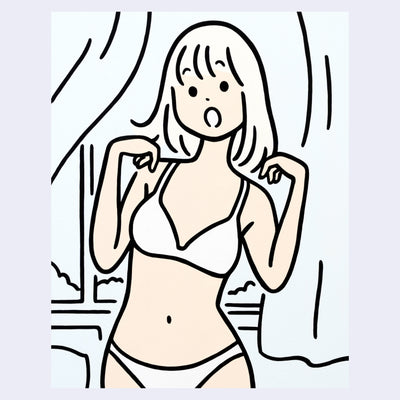 Cartoon illustration of a woman in a bra and panties with a surprised expression.