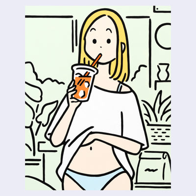 Illustration of a cartoon style girl with blonde hair, she wears a baggy white t-shirt and blue underwear. She drinks an orange drink.