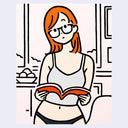 Cartoon style illustration of a red headed woman wearing glasses, standing in a tank top and underwear and reading a magazine.