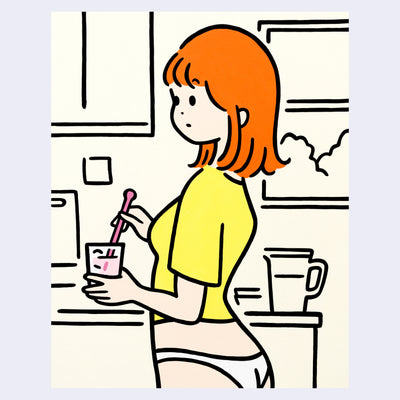 Illustration of a cartoon style girl with orange hair, wearing white underwear and yellow shirt stirring a glass.