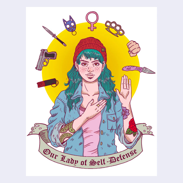 Illustration of a tattooed girl with blue hair, standing with her hand over her chest and one raised, as if giving an oath. Around her are common self defense tools for women.
