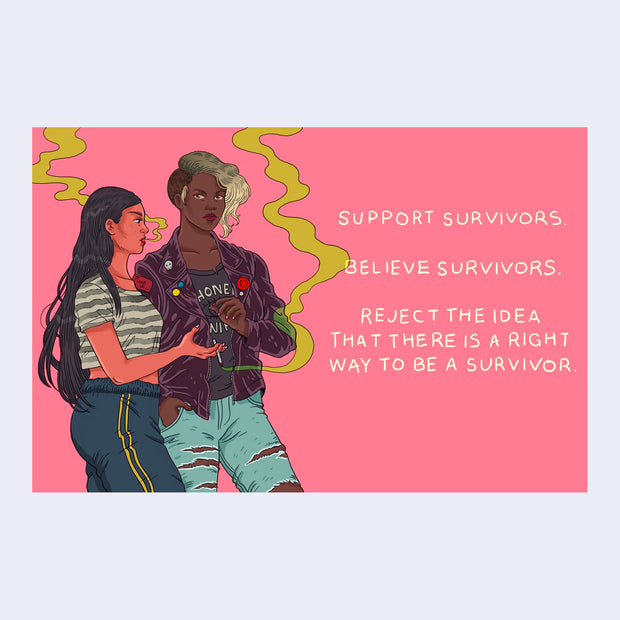 Illustration of 2 women, sharing a joint emitting green smoke with text nearby.
