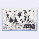 Marker illustration of several women with face masks and headscarves, standing next to a man with a bald head.