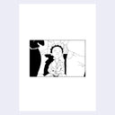 A minimalist black and white line art print featuring a seated figure, centered within a thin rectangular border on a large white canvas.