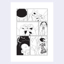 A black and white manga-style comic art print featuring six panels depicting a dramatic scene with hands, a striped dress, and expressive faces, centered on a light gray background.