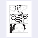 A black and white comic-style art print featuring three panels showing a striped figure and a surprised face, centered on a light gray background.