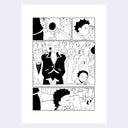 A black and white manga-style comic strip print featuring multiple panels with illustrated characters in a crowd scene, centered on a light gray background.