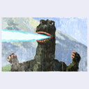 Painting of Godzilla, beaming out a beam of white and blue light from his mouth.