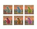  6 illustrations of Godzilla with a bold white outline, half submerged in water. Background is a dusky orange sky with colorful drawings of stars and sparkles.