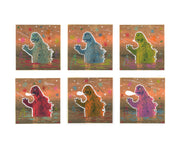  6 illustrations of Godzilla with a bold white outline, half submerged in water. Background is a dusky orange sky with colorful drawings of stars and sparkles.