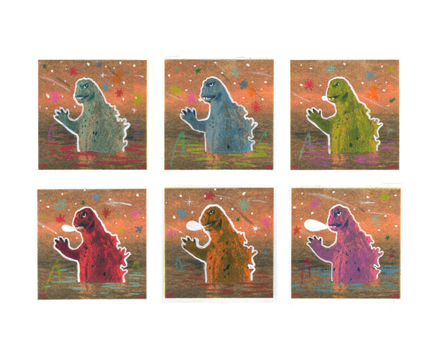  6 illustrations of Godzilla with a bold white outline, half submerged in water. Background is a dusky orange sky with colorful drawings of stars and sparkles.