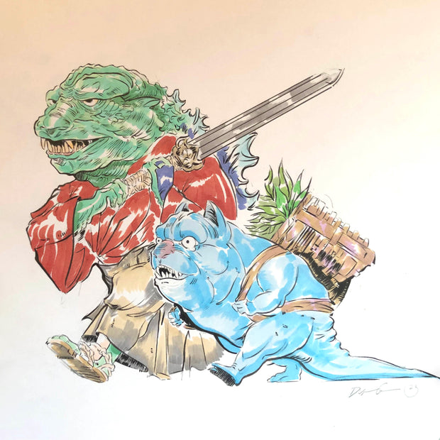 Drawing of a green anthropomorphic Godzilla, wearing a red kimono and holding a large sword. By his side is a mid size blue monster with a basket holding greenery on its back.