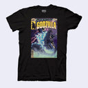 Black t-shirt with Godzilla graphic design mocked up like a comic book cover.
