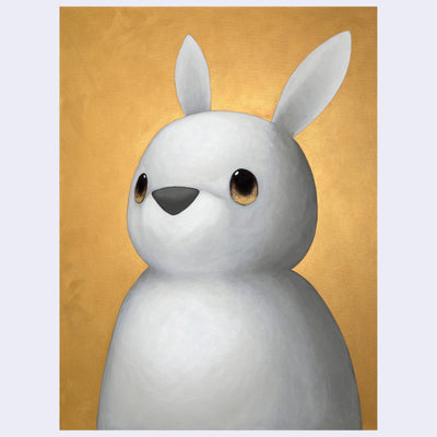 Painting of a white bunny with a softly rendered nature, it has gold eyes and looks up to the left. It has a nose and no other facial or body features. Background is gold.