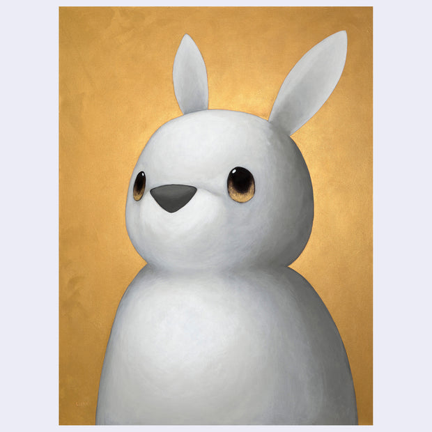 Painting of a white bunny with a softly rendered nature, it has gold eyes and looks up to the left. It has a nose and no other facial or body features. Background is gold.