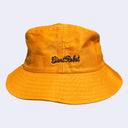 Goldenrod bucket hat with black embroidered text that reads "giant robot" in cursive.