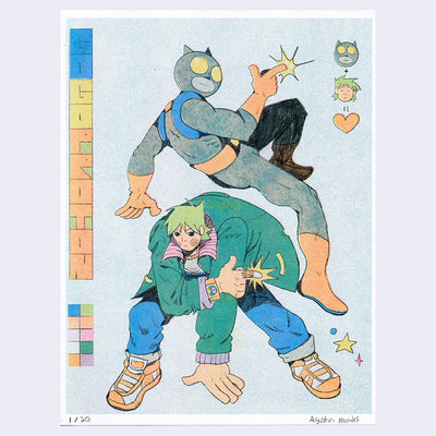 Risograph print of a superhero with a cat mask, levitating over someone with a finger gun pose. Below, the person has the same finger gun and hunches over to touch the ground, as if getting ready to run. 
