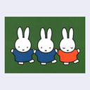 Green background postcard with an illustration of Miffy, three times over, holding hands with one another and standing in a straight line.