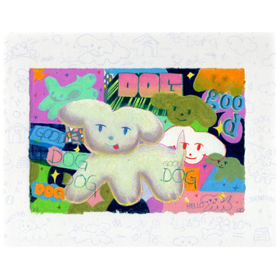 Illustration of a white smiling dog with collage type elements in the background, very colorful with "dog" written in various styles.