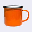 An orange enamel mug with a black rim and white interior, shown against a light gray background.