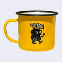 A bright yellow enamel camp mug with a black rim and handle, featuring a black cartoon character holding a pennant flag that reads 'GIANT ROBOT'.
